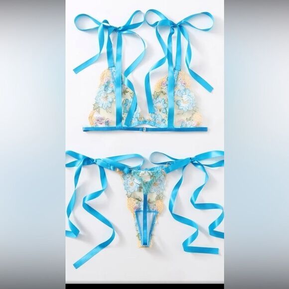 new, blue lace bra and thong set and ribbons to close - Picture 12 of 16